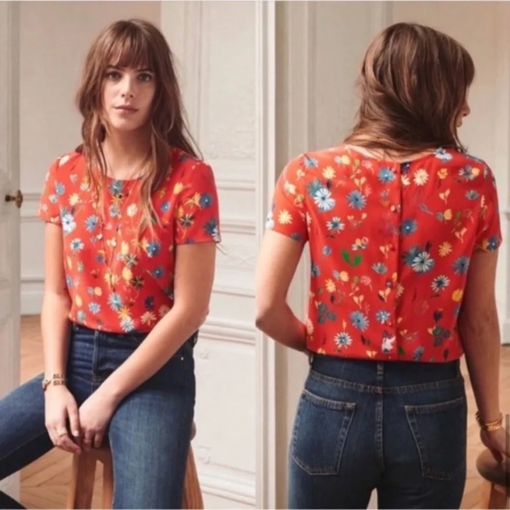 G. KERO x SEZANE WARRY ORANGE FLORAL PRINT SILK BLOUSE - Picture 9 of 11